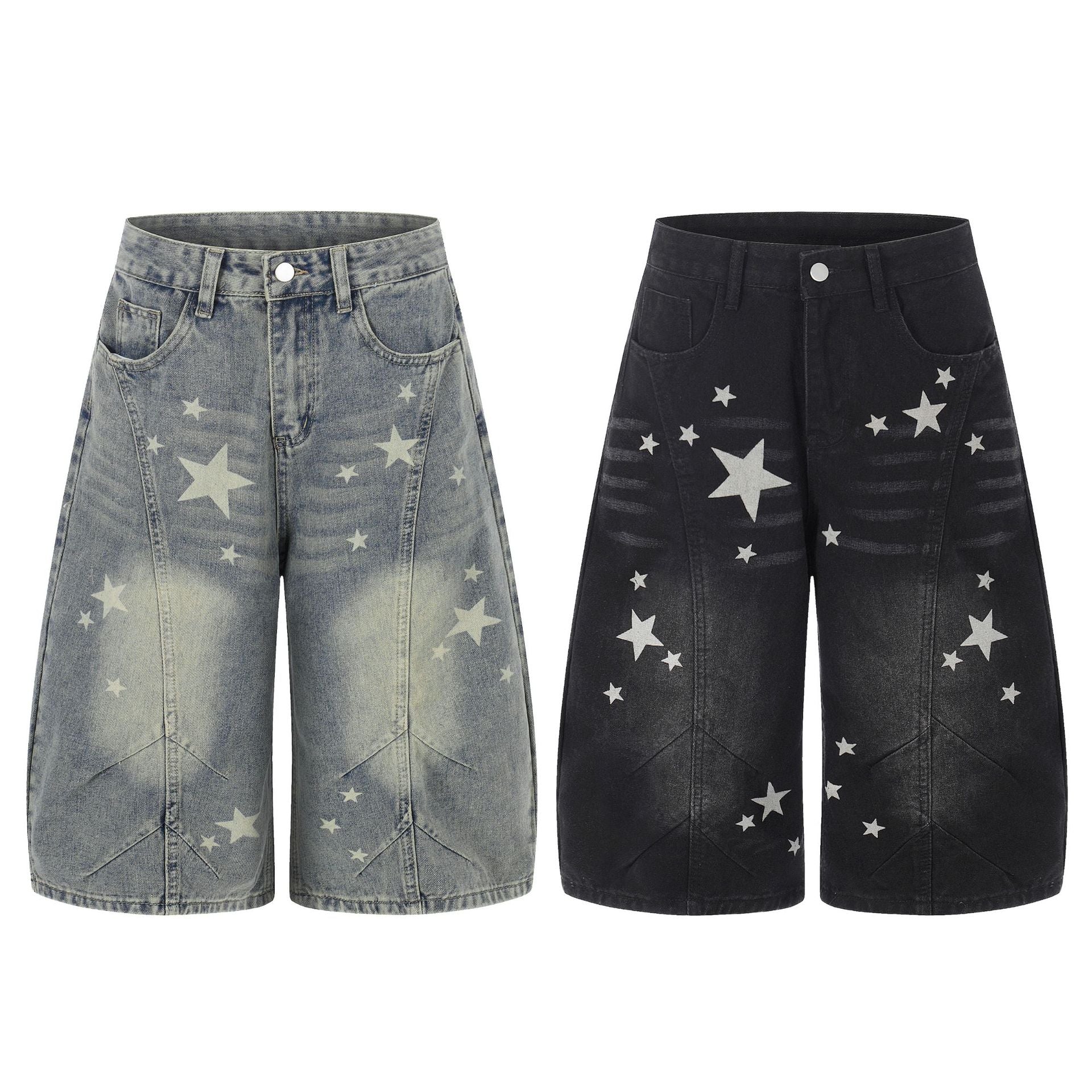 Curved Star Wide Leg Denim Short Pants