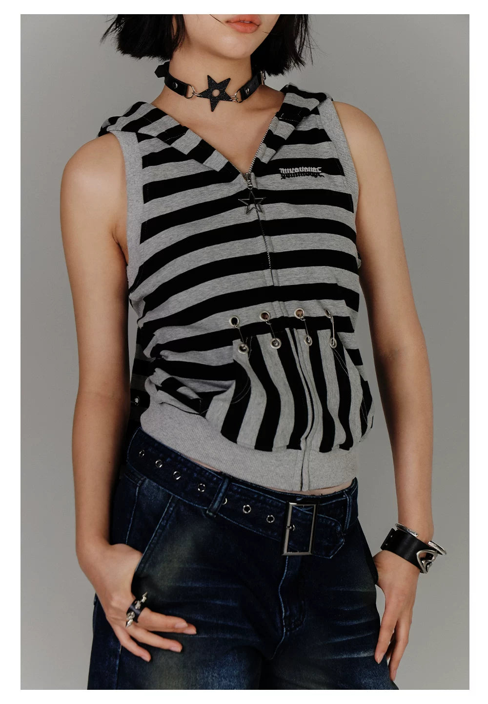 Stripe Zipper Hooded Sleeveless T-Shirt