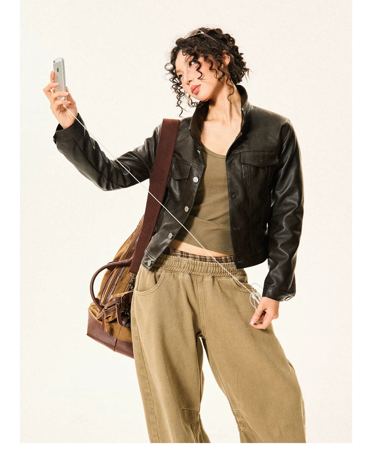 PU Leather Standing-Collar Short Jacket