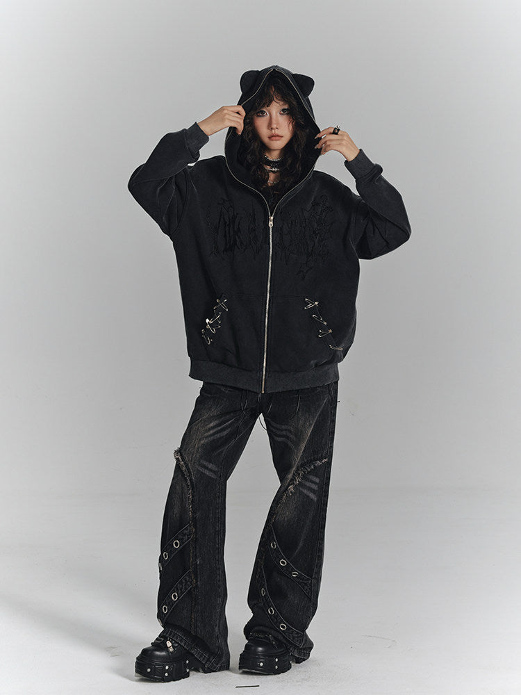 Cat Ear Safety Pin Oversize Zipper Hoodie