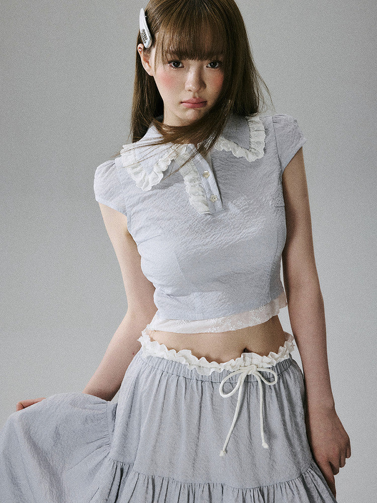 Lace-Trim Short Sleeve Shirt & Drawstring Skirt Setup