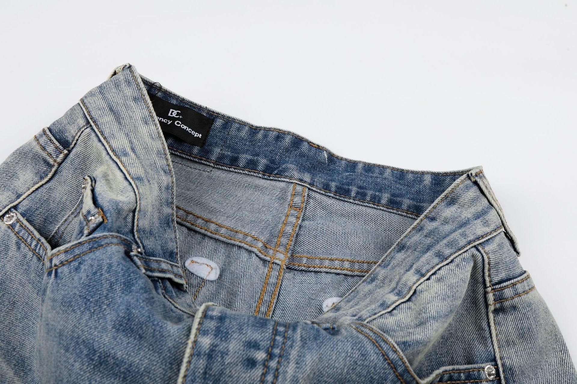 Washed Damage Whisker Wide Leg Denim Jeans