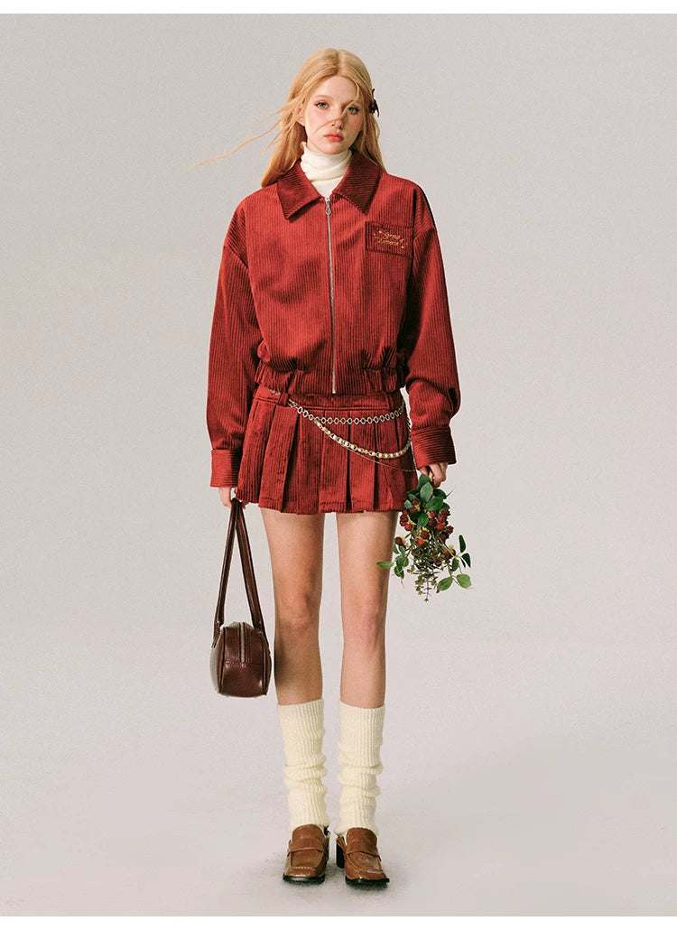 Ensemble veste zippée en velours, jupe courte plissée et jupe sirène