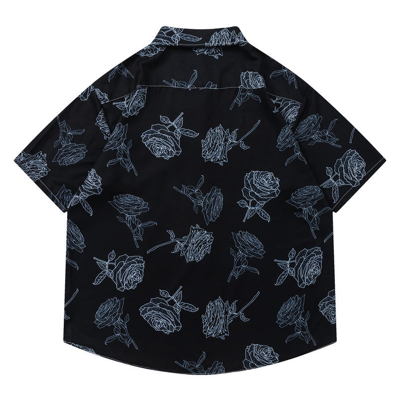 All-Over Rose Print Oversize Short Sleeve Shirt