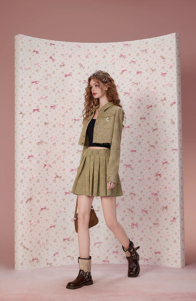 Pleats Short Skirt & Short Jacket Setup