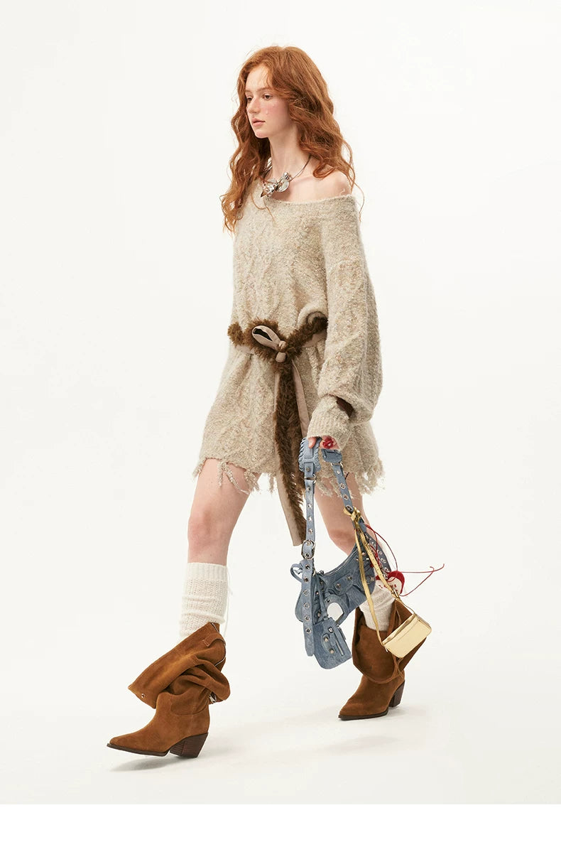 Wool Blend Tassel Knit Sweater & Waist Belt