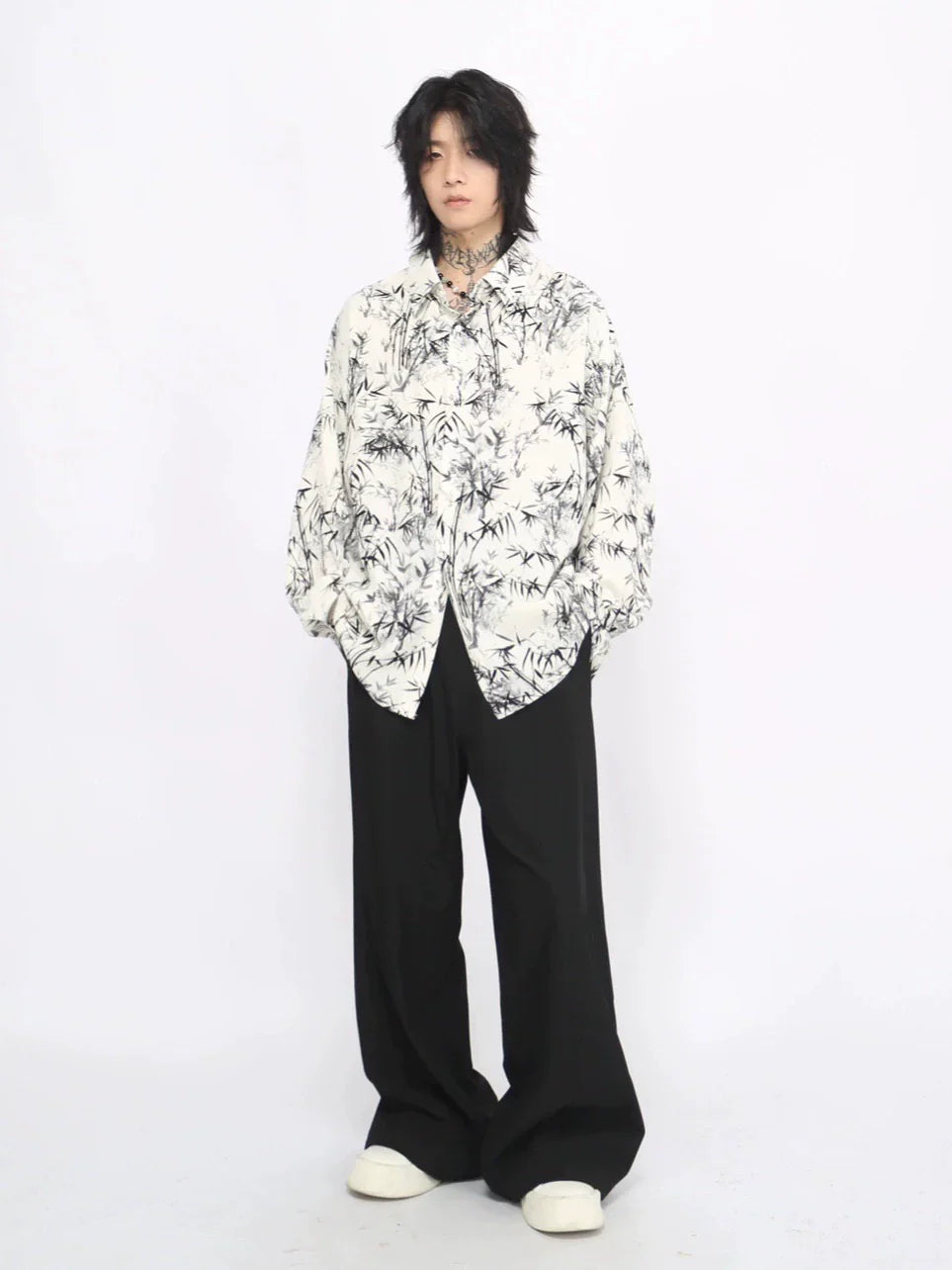 Bamboo Print Oversize Long Sleeve Shirt