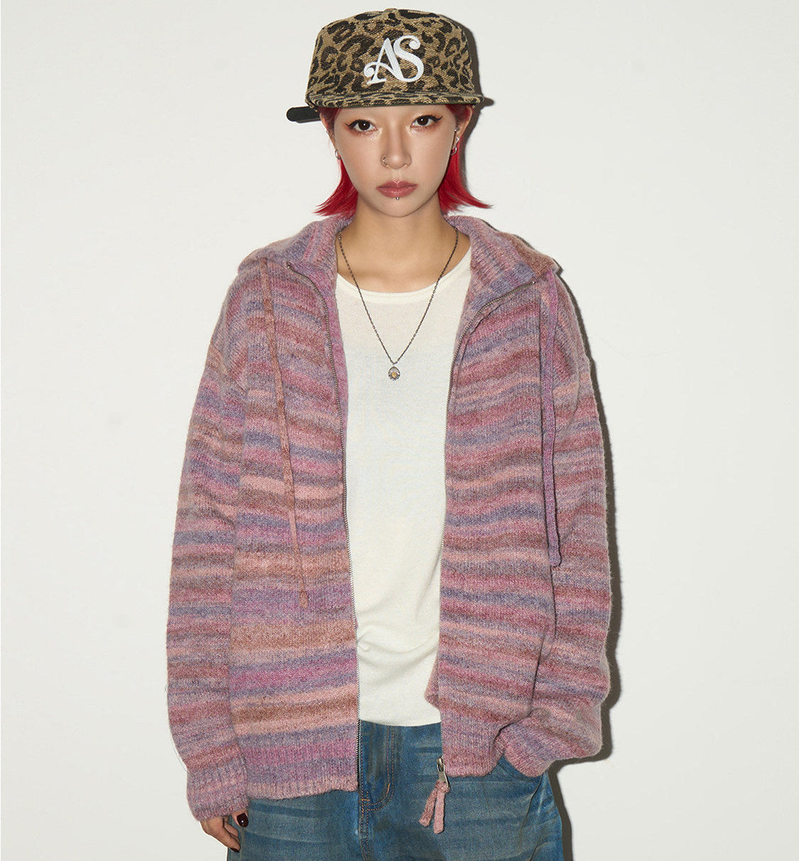 Stripe Hooded Zipper Knit Cardigan