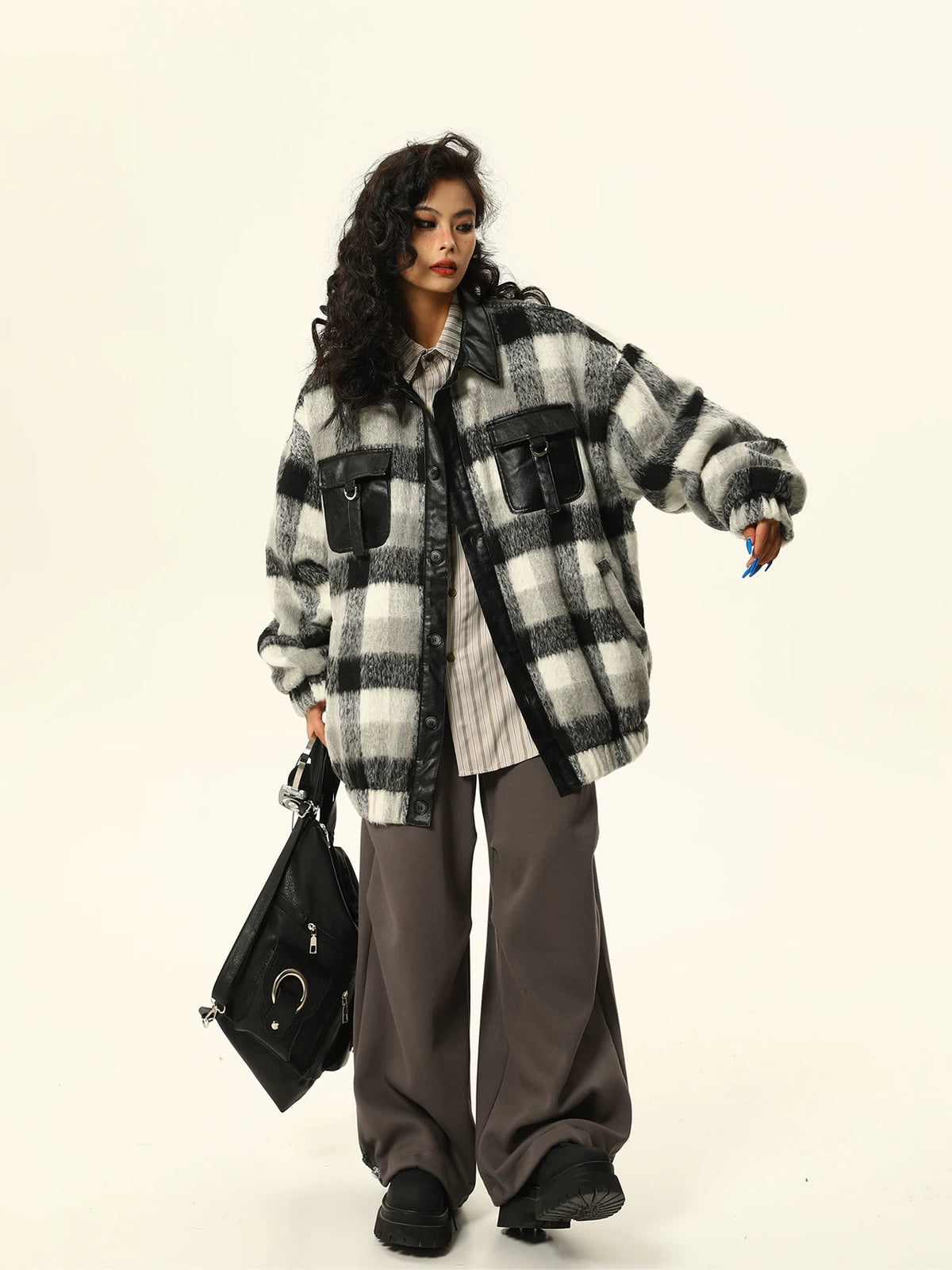 PU Leather Mix Woolen Plaid Jacket
