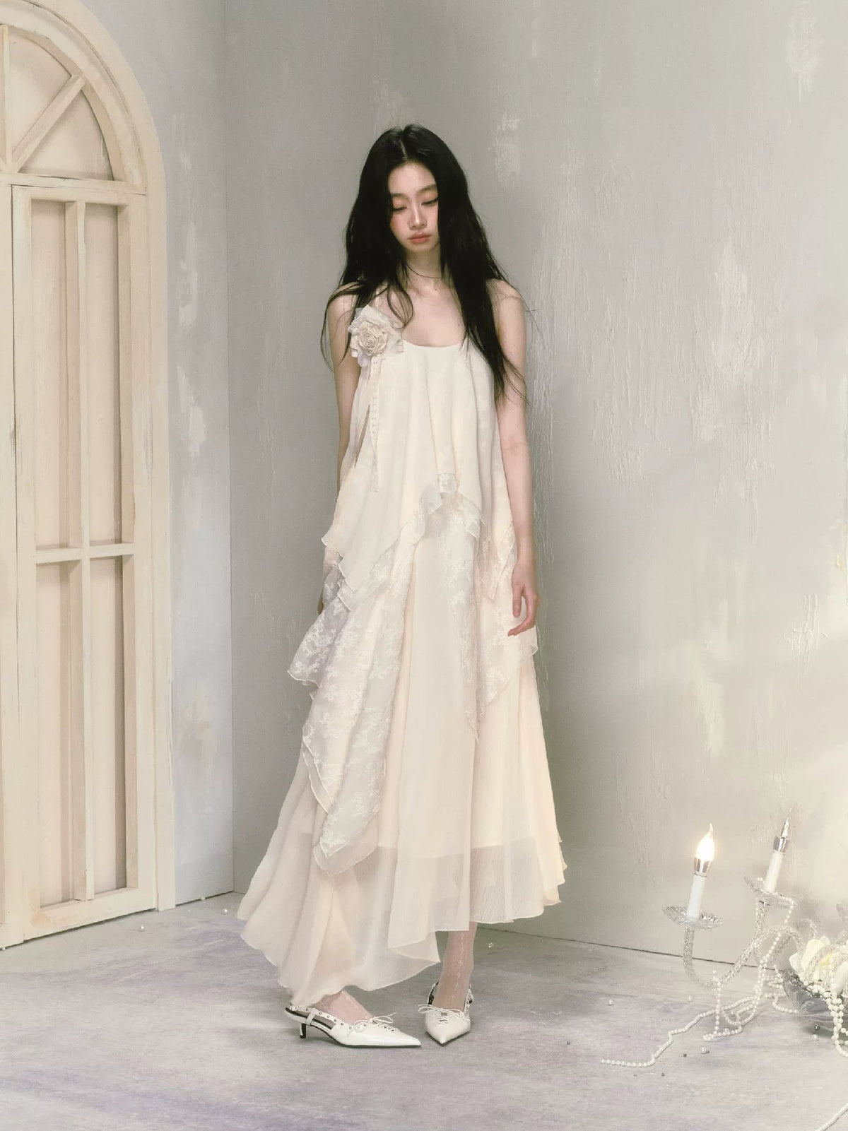 With Brooch Irregular Camisole Dress & Long Sleeve Shirt Setup