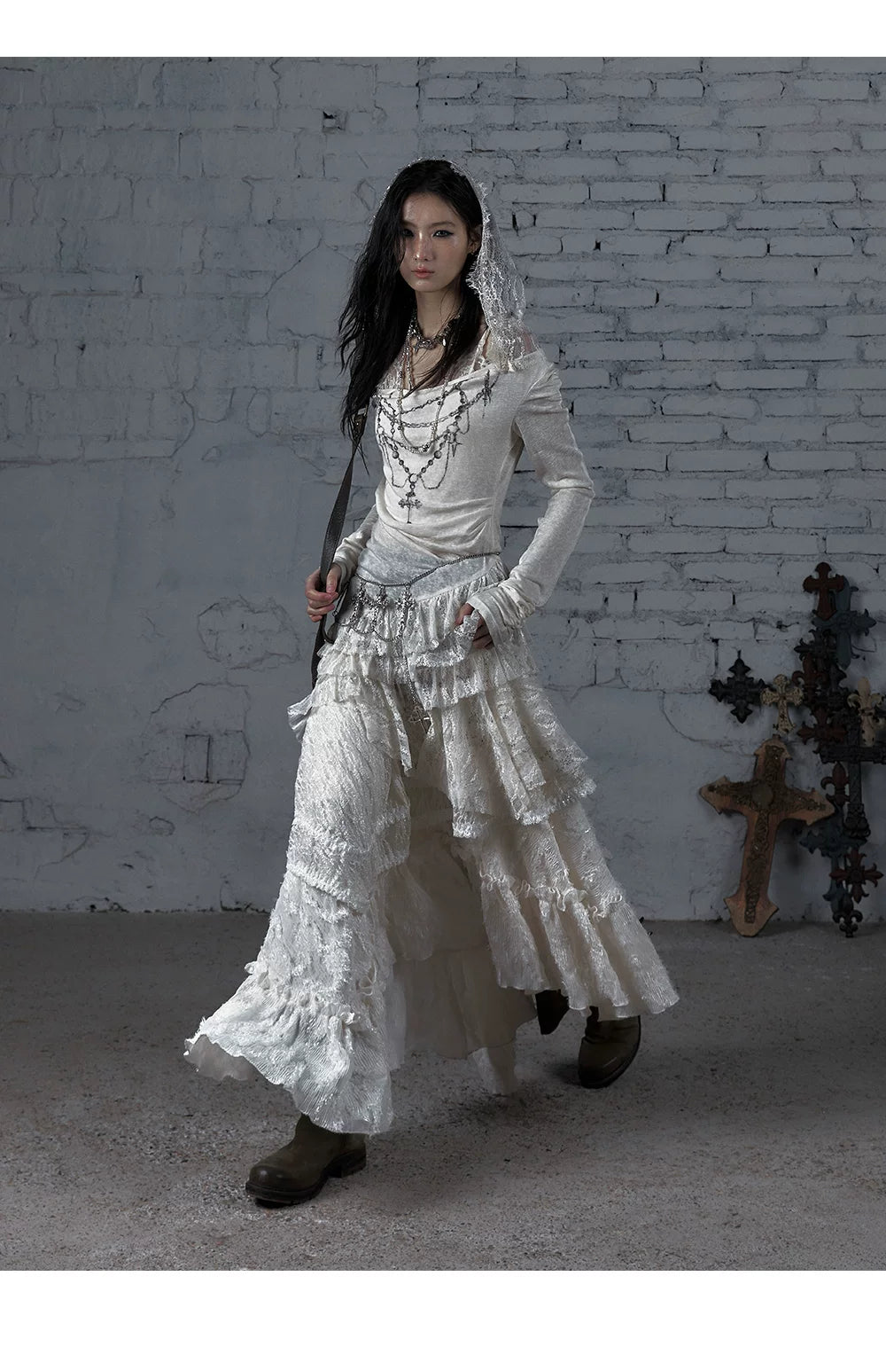 Lace Hooded Asymmetric Ruffle Dress