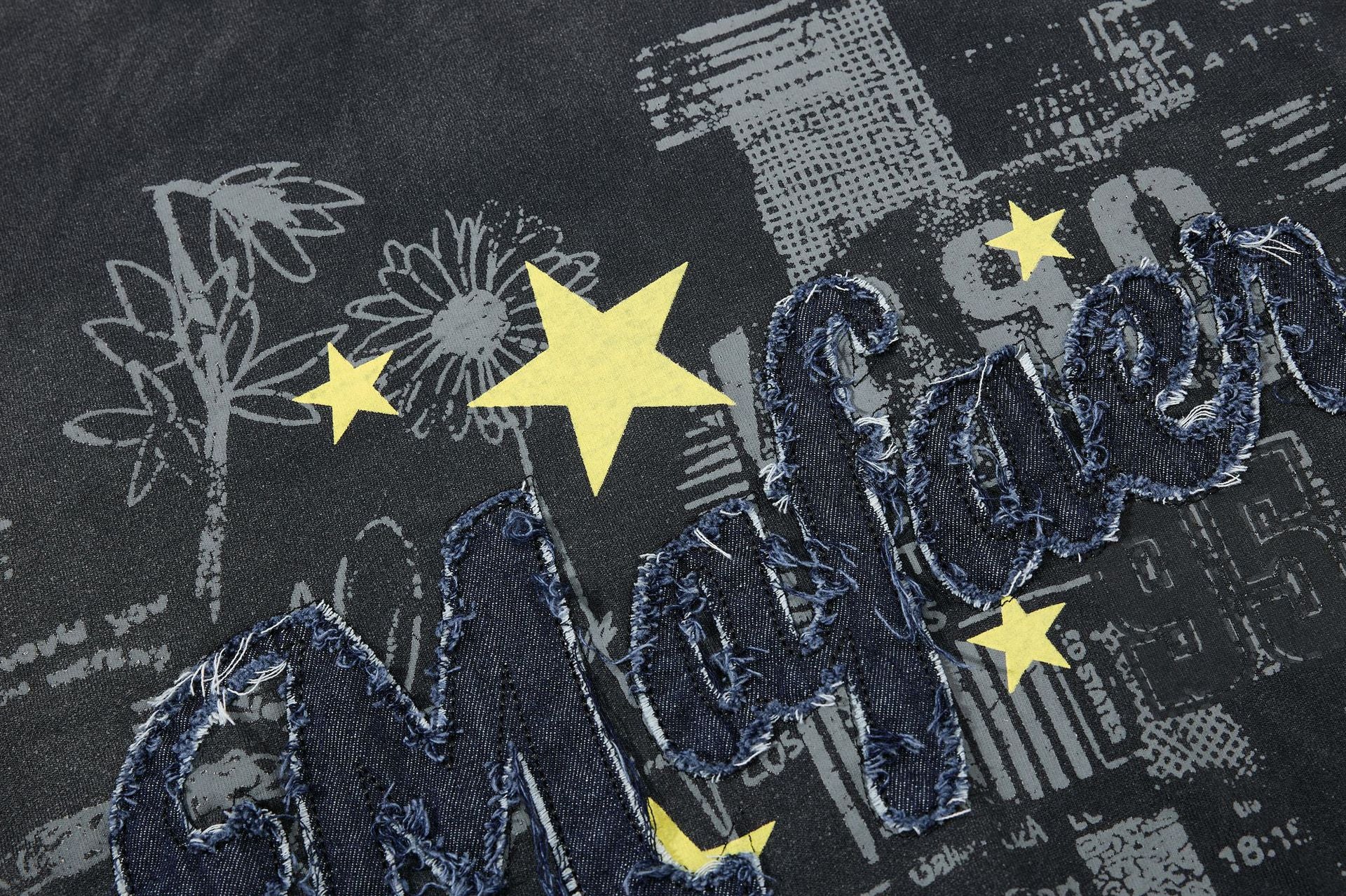 Star Applique Embroidery Washed Short Sleeve T-Shirt