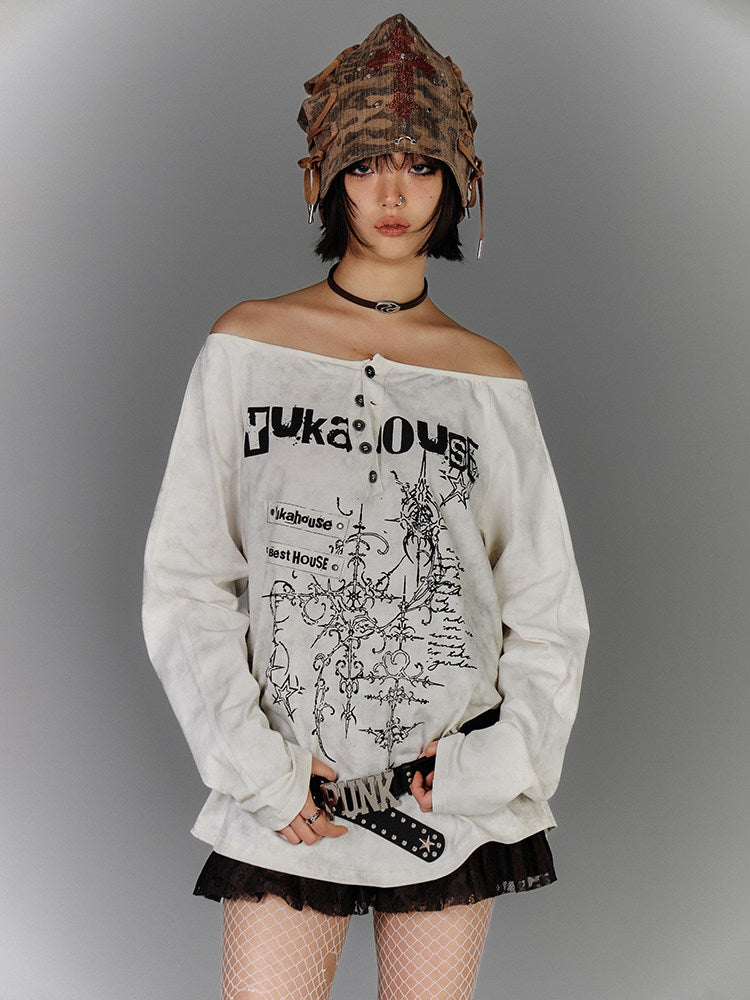 Off-Shoulder Graphic Print Button Long Sleeve T-Shirt