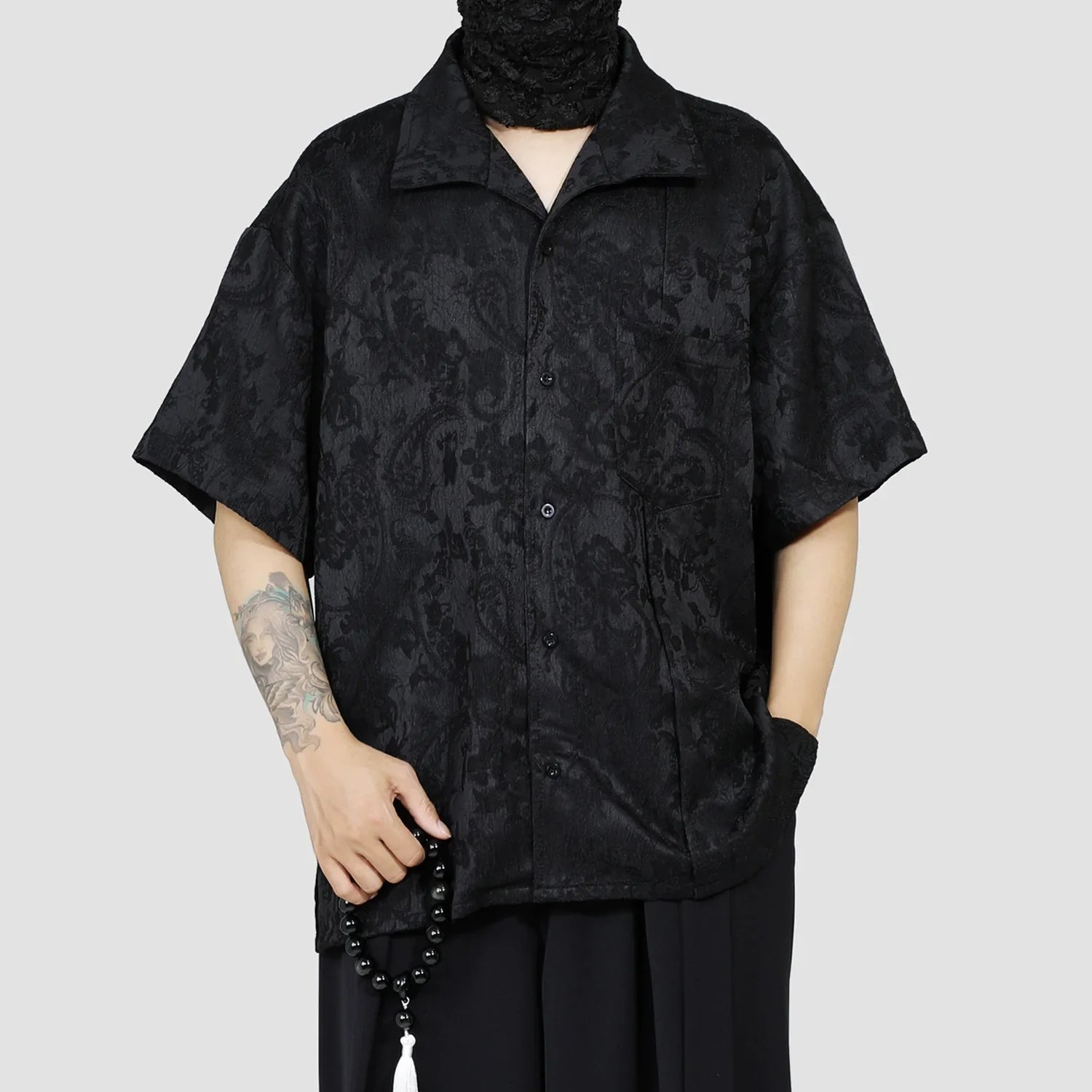Side Slit Jacquard Short Sleeve Shirt