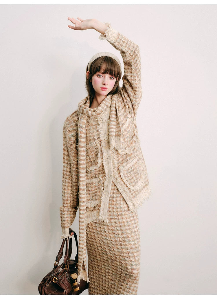 Plaid Button Cardigan & Scarf & Long Skirt Setup