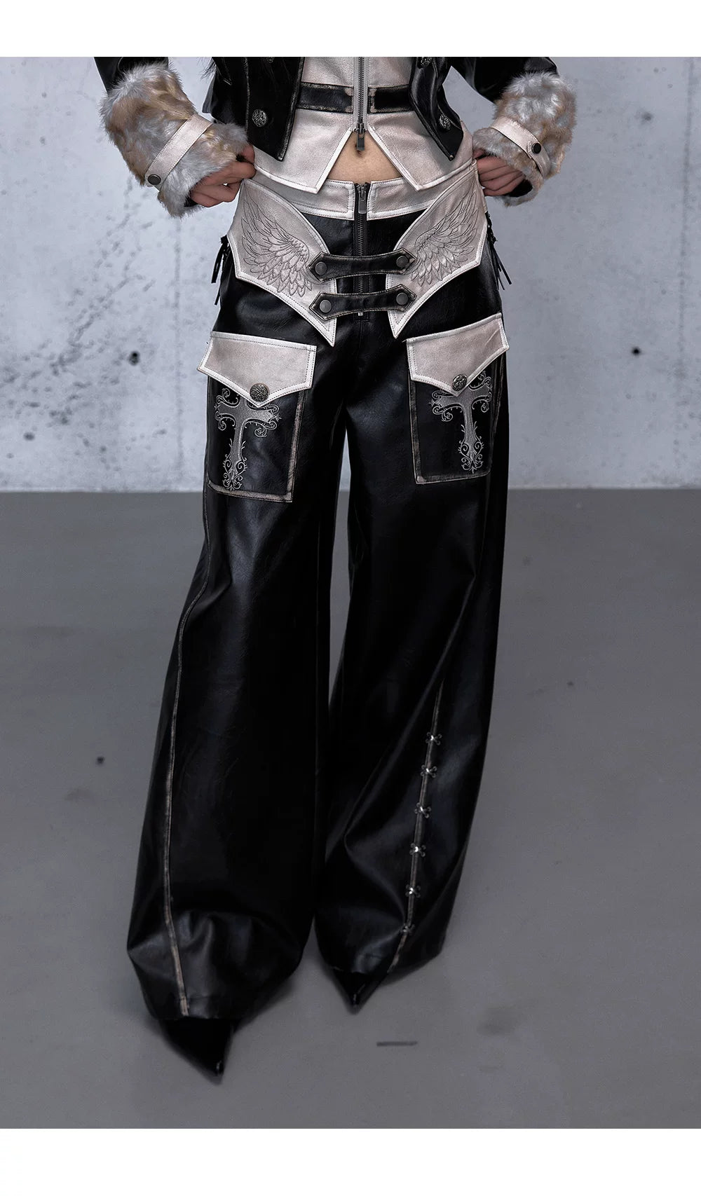 Lace Panel Buckle Detail Wide Leg PU Leather Pants