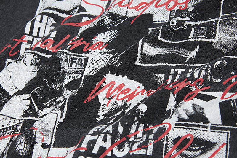 Graphic Print Wash Damage Cotton Short Sleeve T-Shirt