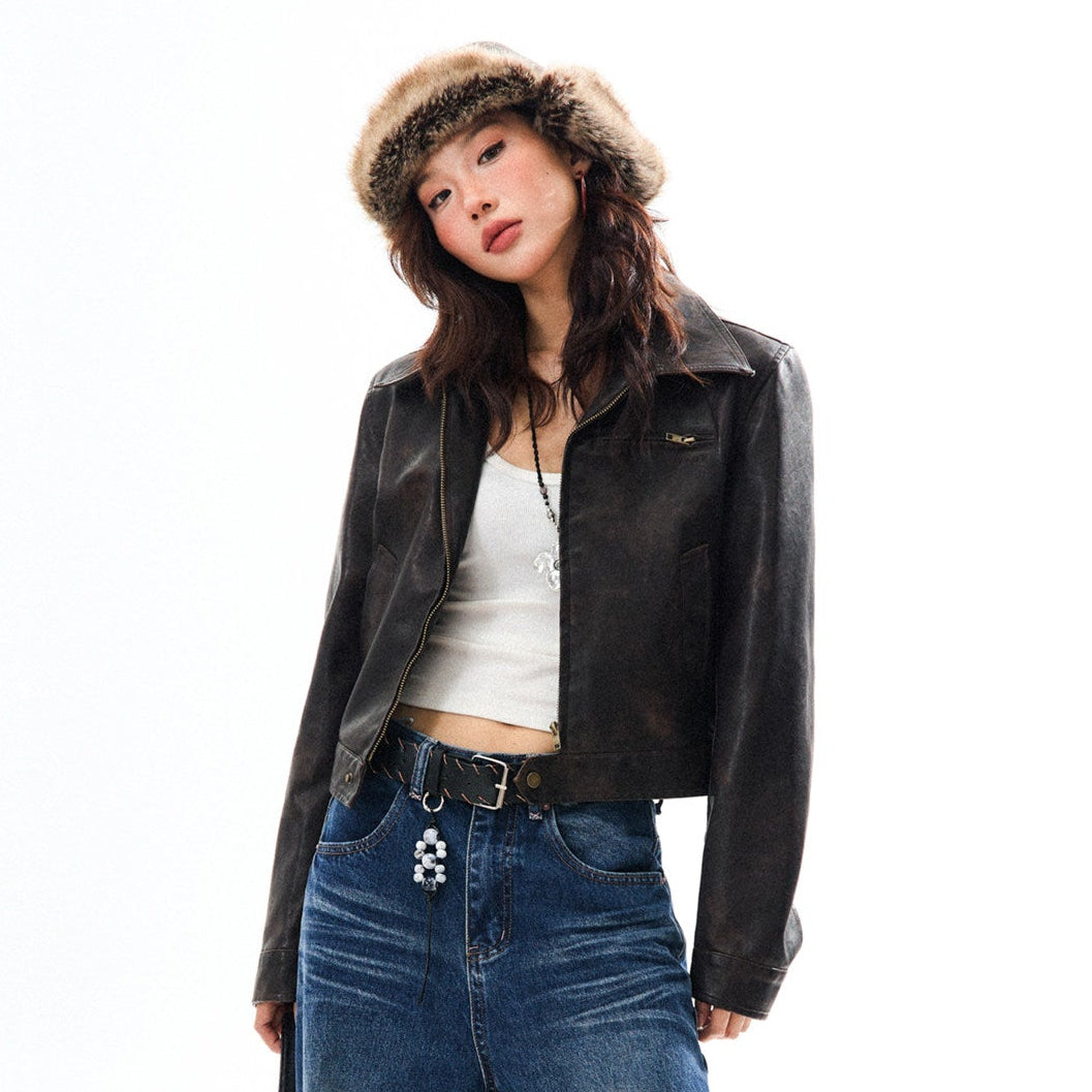 PU Leather Washed Zipper Short Length Jacket