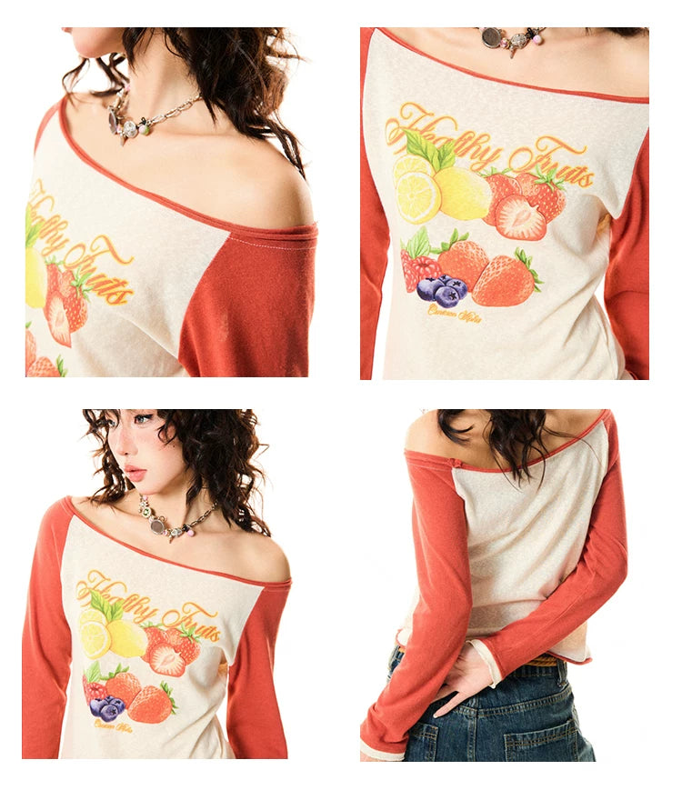 Fruit Graphic Print Off-Shoulder Fitted Long Sleeve T-Shirt