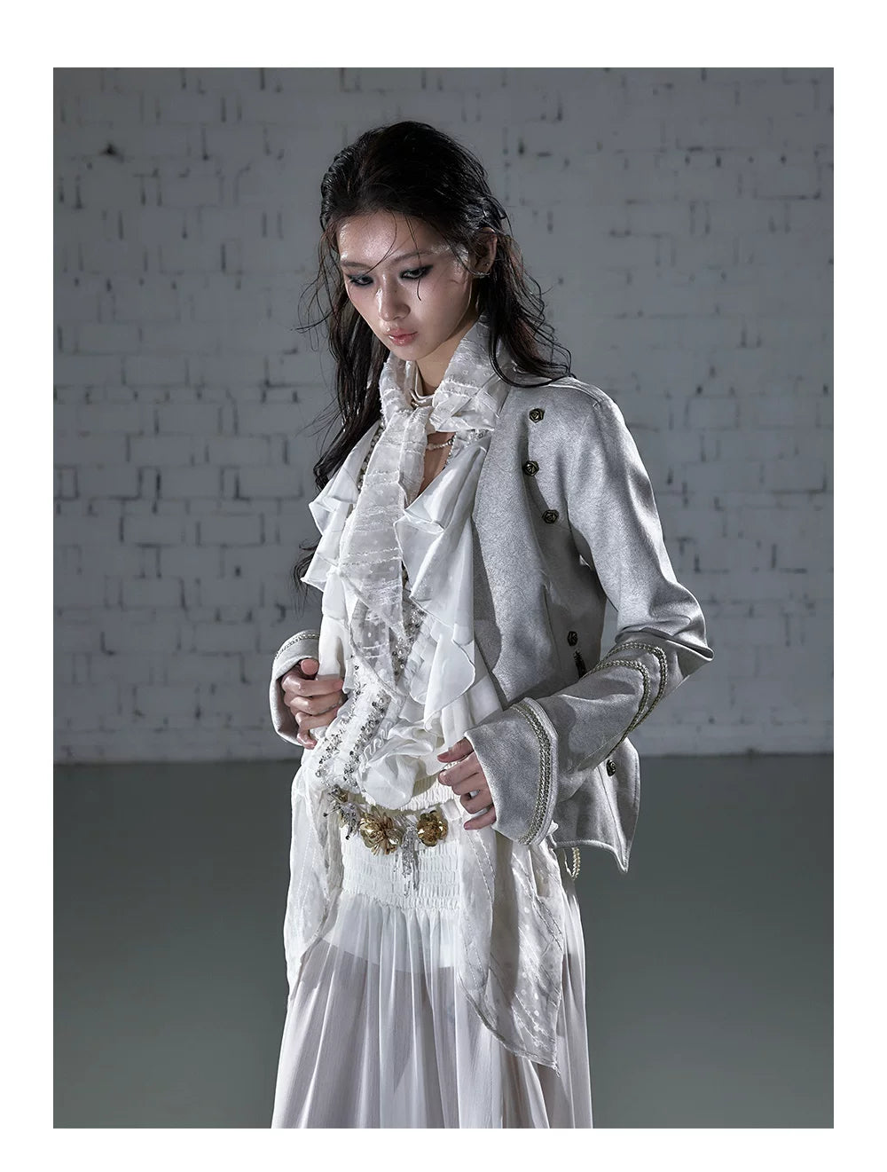 Ruffle Tie-Neck Slim Fit Long Sleeve Shirt