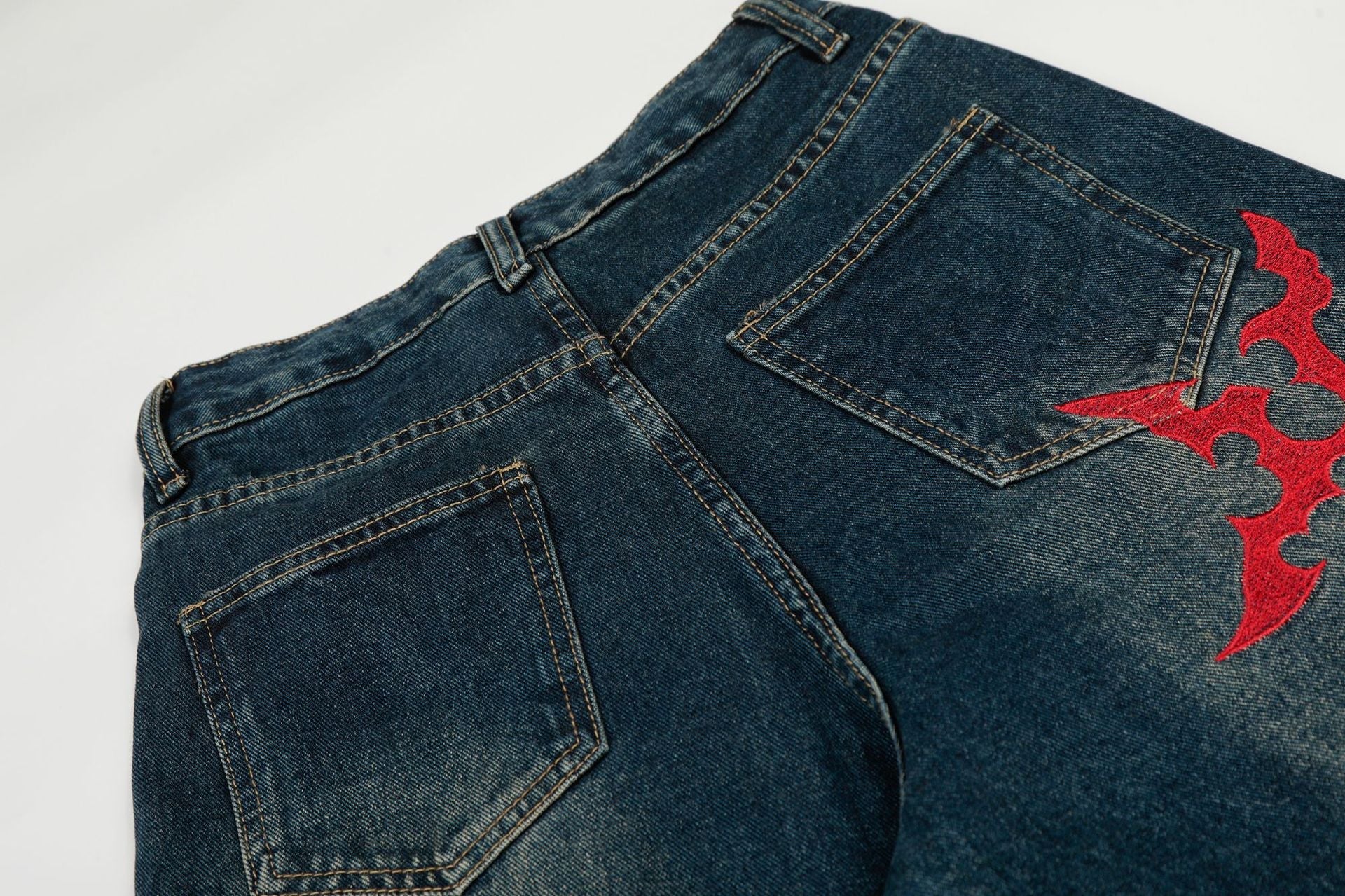 Washed Tribal Print Wide Leg Denim Jeans