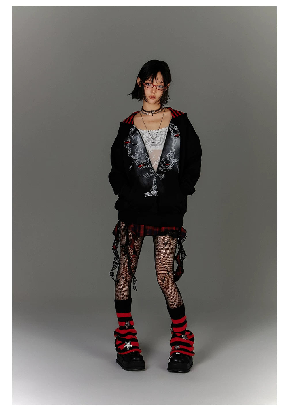 Fake Layered Zipper Stripe Oversize Pullover Hoodie