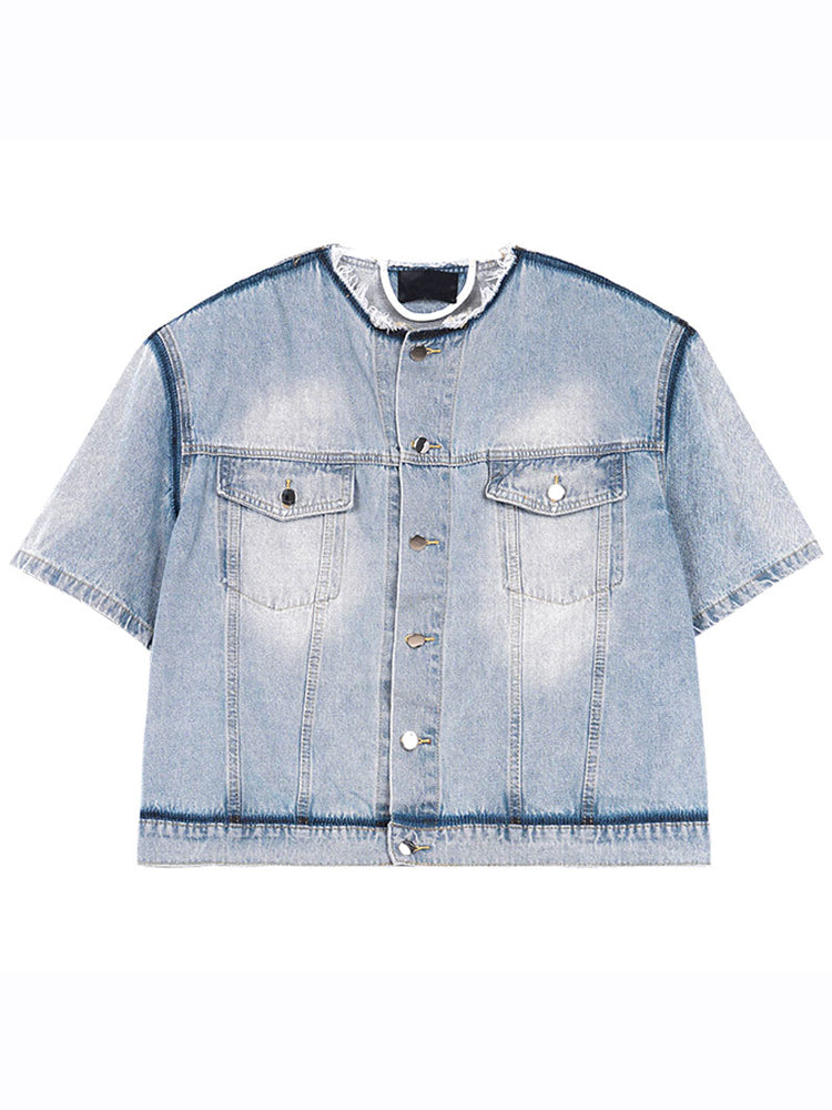 Damage Short Sleeve Denim Jacket & Wide-Leg Straight Denim Jeans Setup