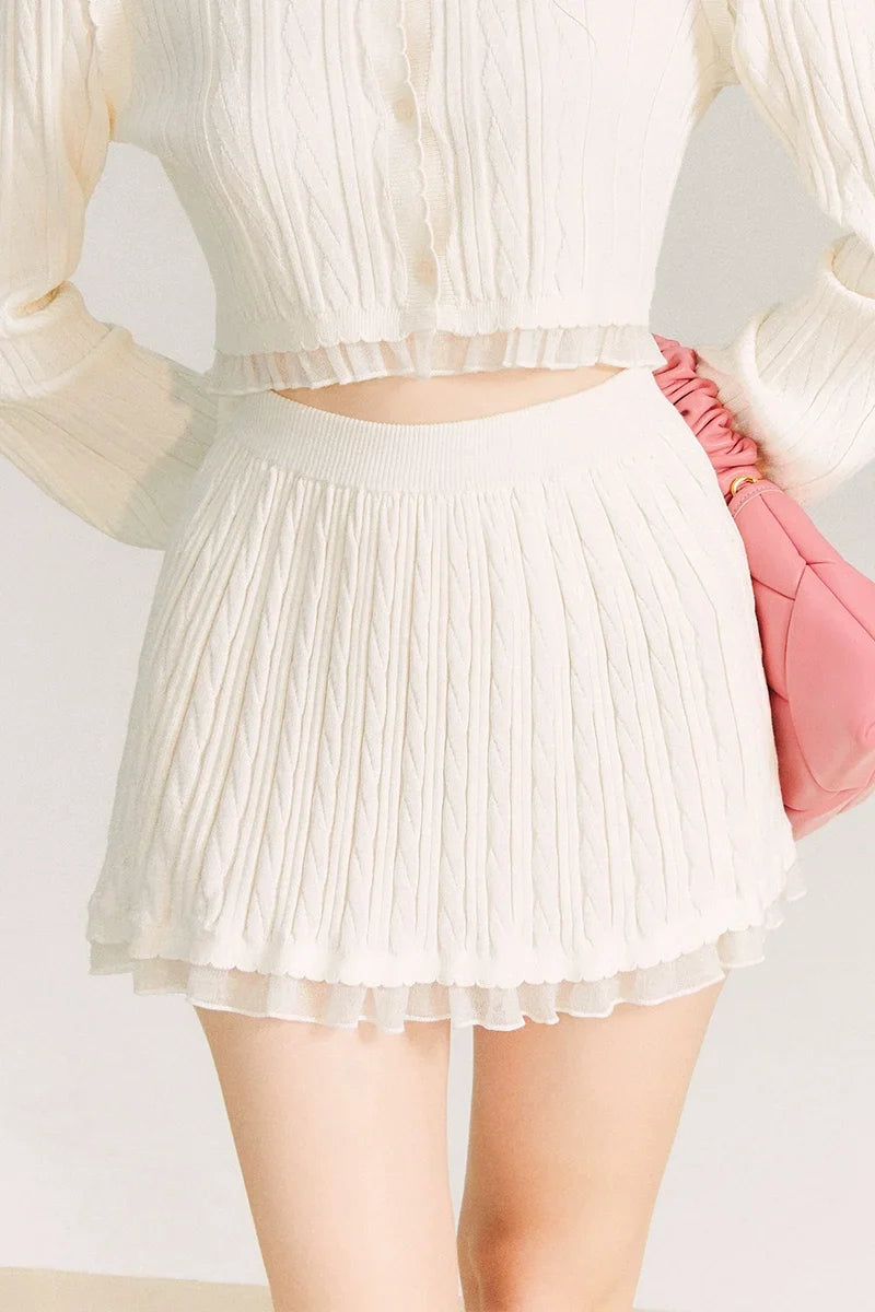 Tulip Button Knit Cardigan & Knit Short Skirt Setup
