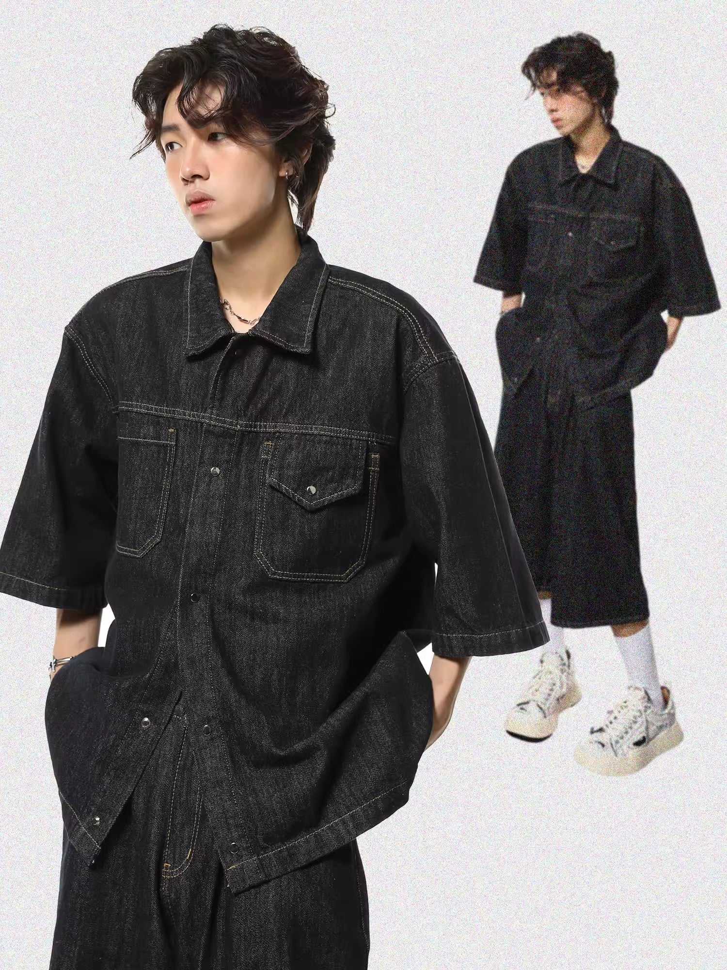Washed Oversize Short Sleeve Denim Shirt & Half Denim Jeans Setup