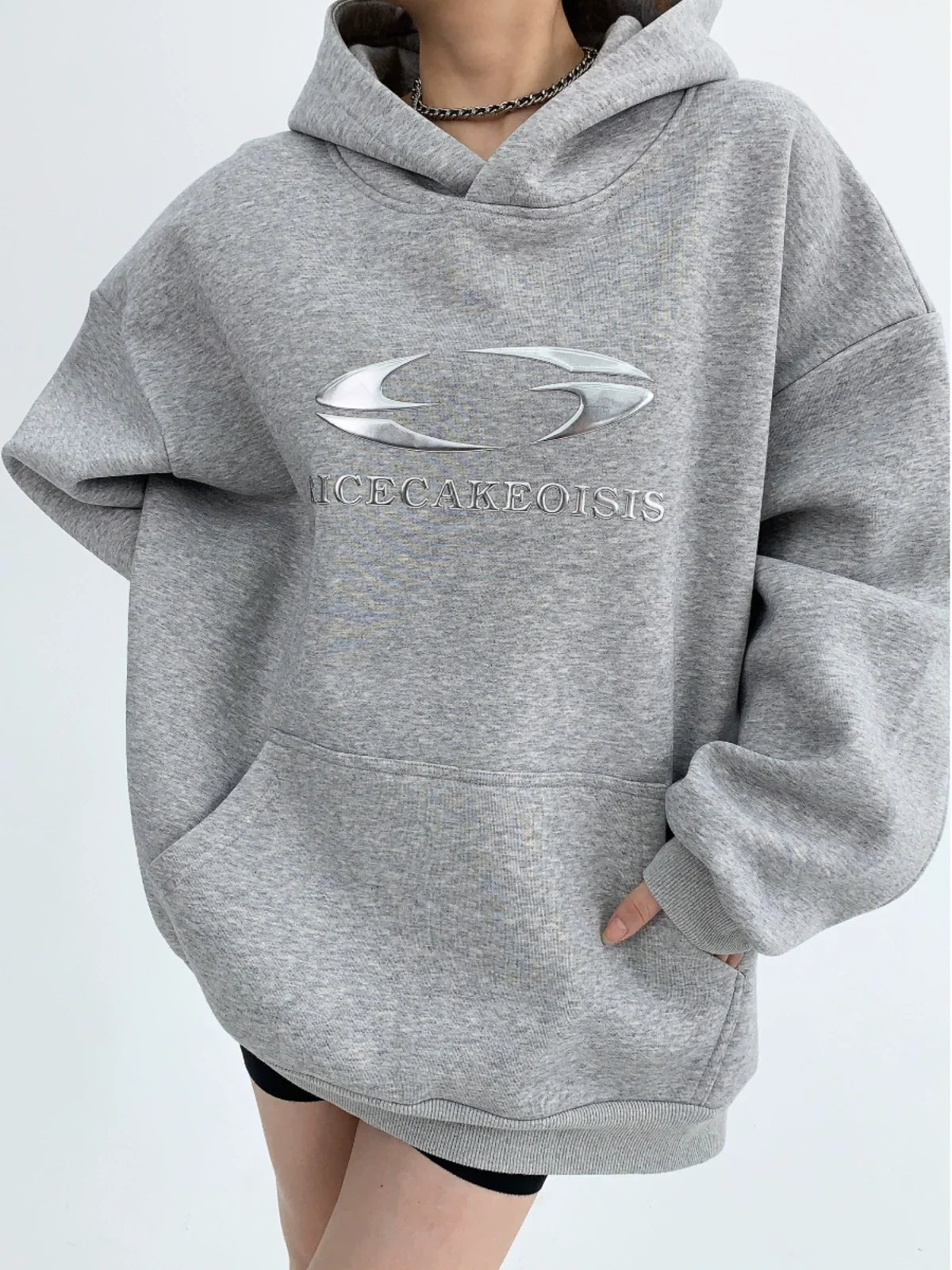 Silver Logo Print Oversized Hoodie