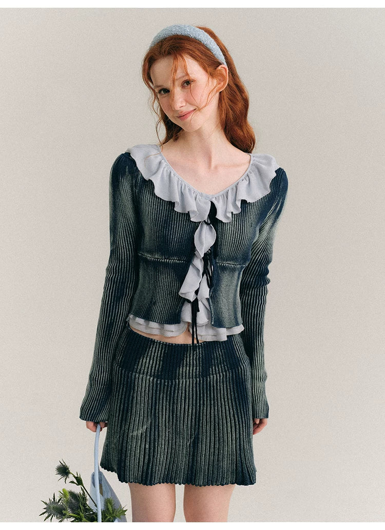 Frill Knit Cardigan & Short Rib Knit Skirt Setup