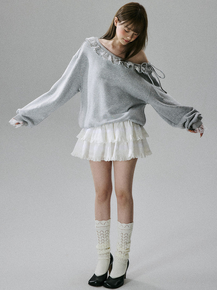 Off-Shoulder Lace Trim Sweatshirt