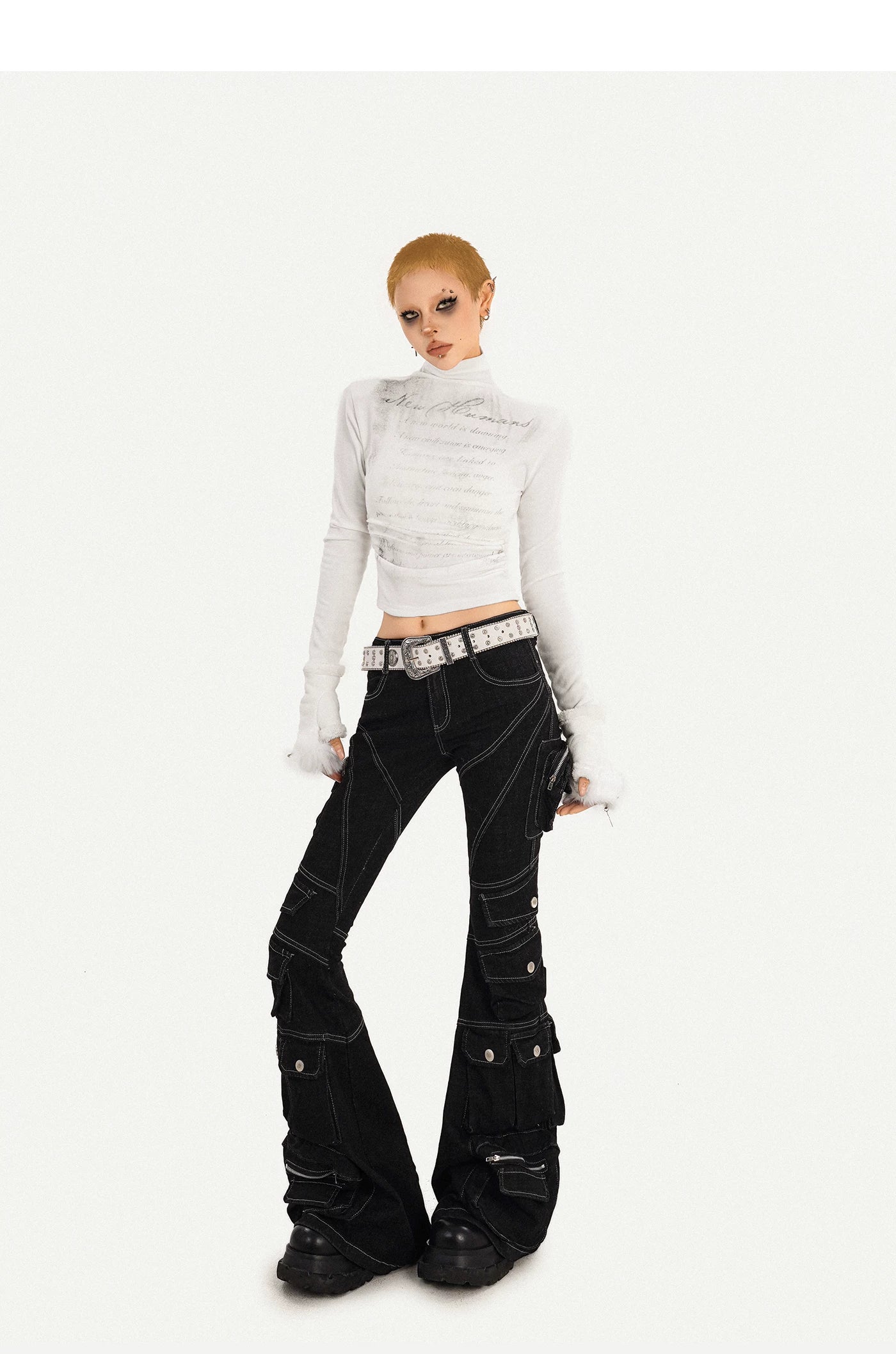 Utility Multi-Pocket Flare Cargo Denim Jeans