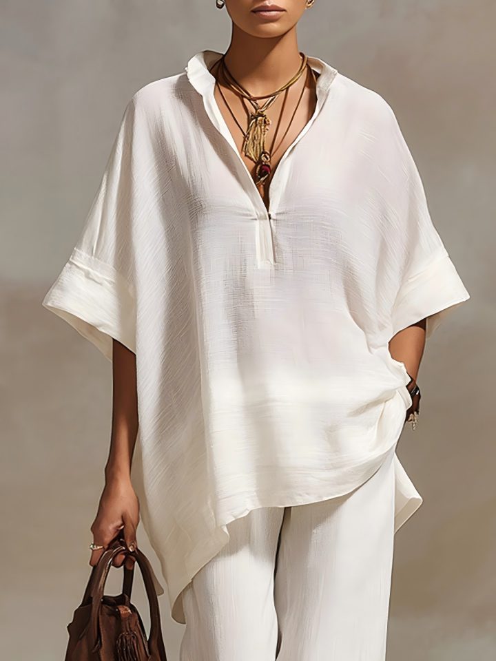 2 Piece Summer Set Loose V Neck Batwing Top & Wide Leg Pants