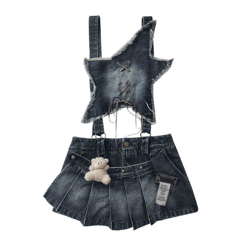 Detachable Washed Suspender Denim Short Skirt & Inner Shirts Set