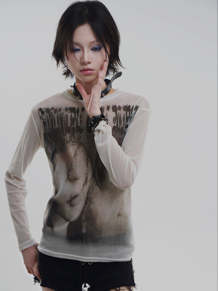 Goth Emo Artist Collaboration Mesh Long Sleeve T-Shirt