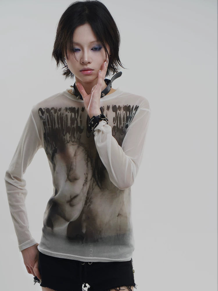 Goth Emo Artist Collaboration Mesh Long Sleeve T-Shirt