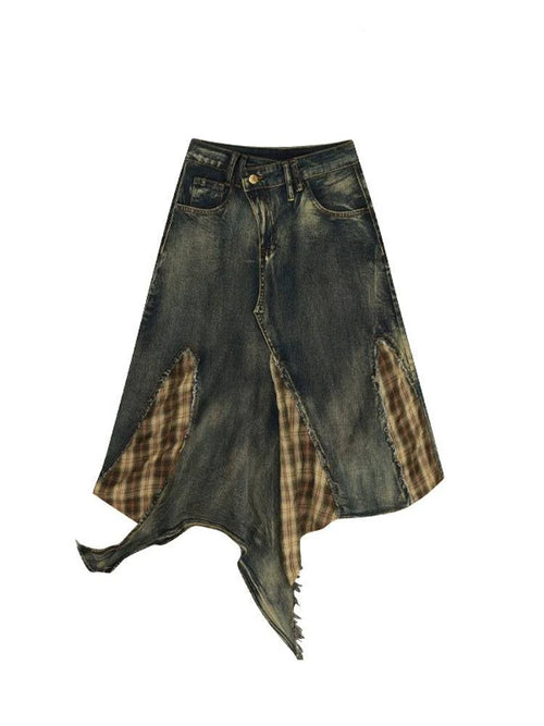 Saia jeans com costura xadrez irregular - S / Azul retrô