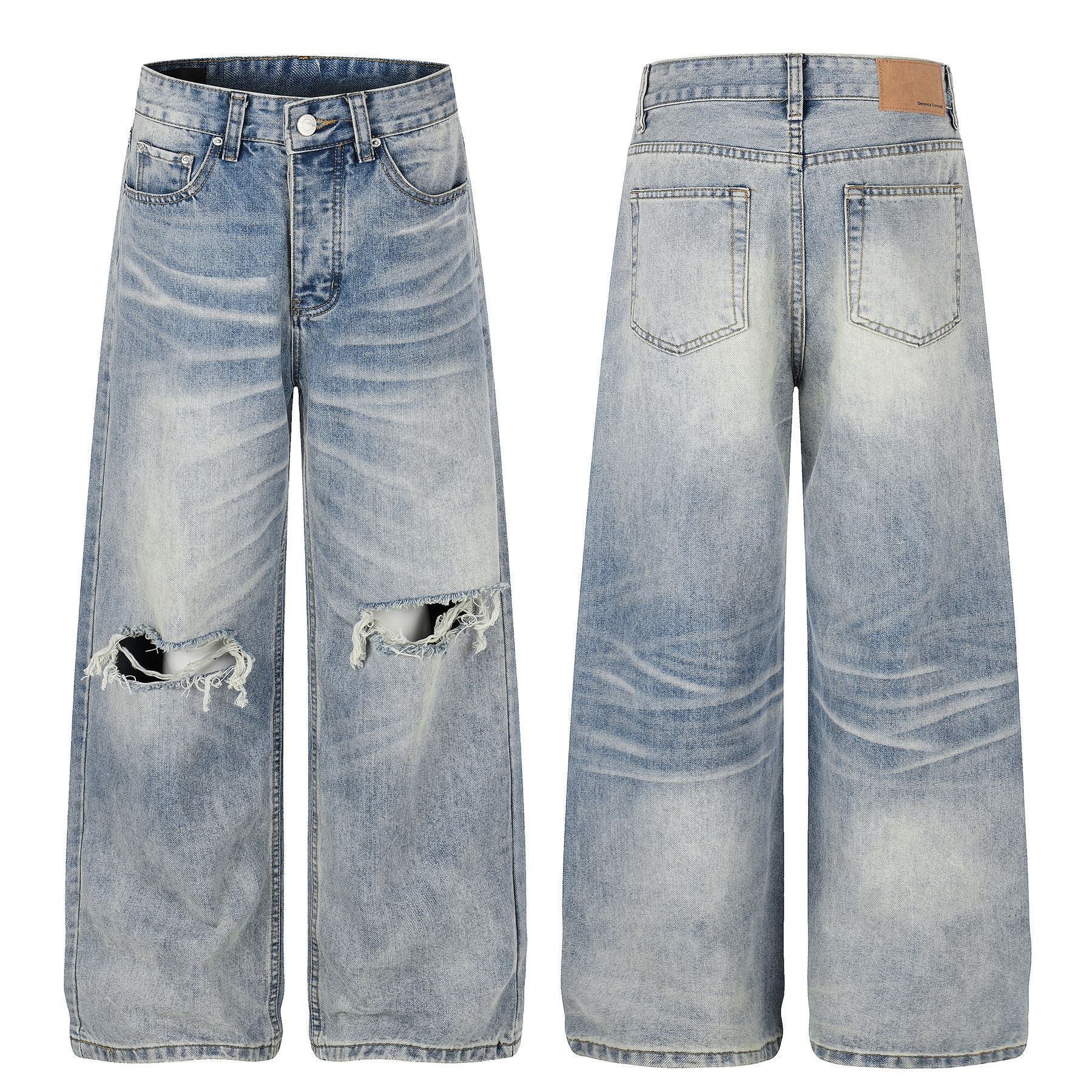 Washed Damage Whisker Wide Leg Denim Jeans