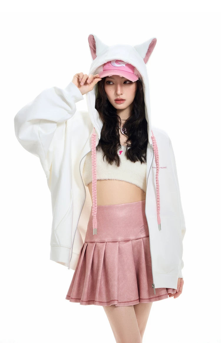 Ear Fleece Oversize Zipper Hoodie