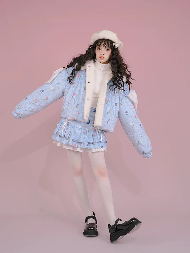 Flower Print Bow Fleece Lining Puffer Jacket