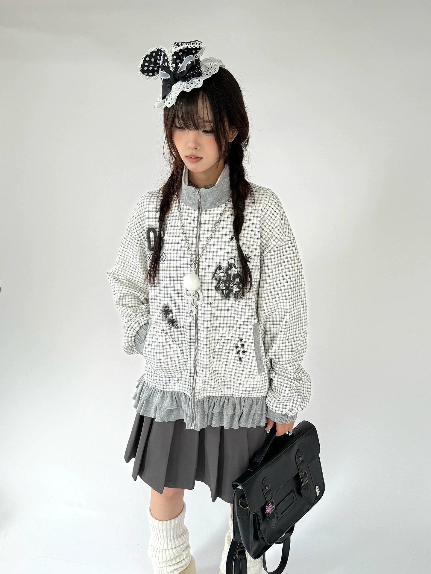 Checkered Ruffle Hem Oversize Zipper Hoodie