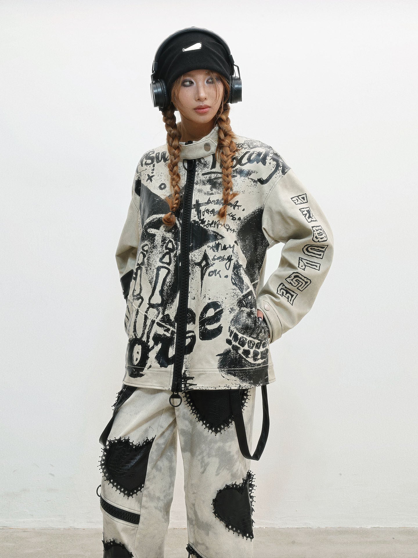 Damage Print Thick PU Leather Jacket