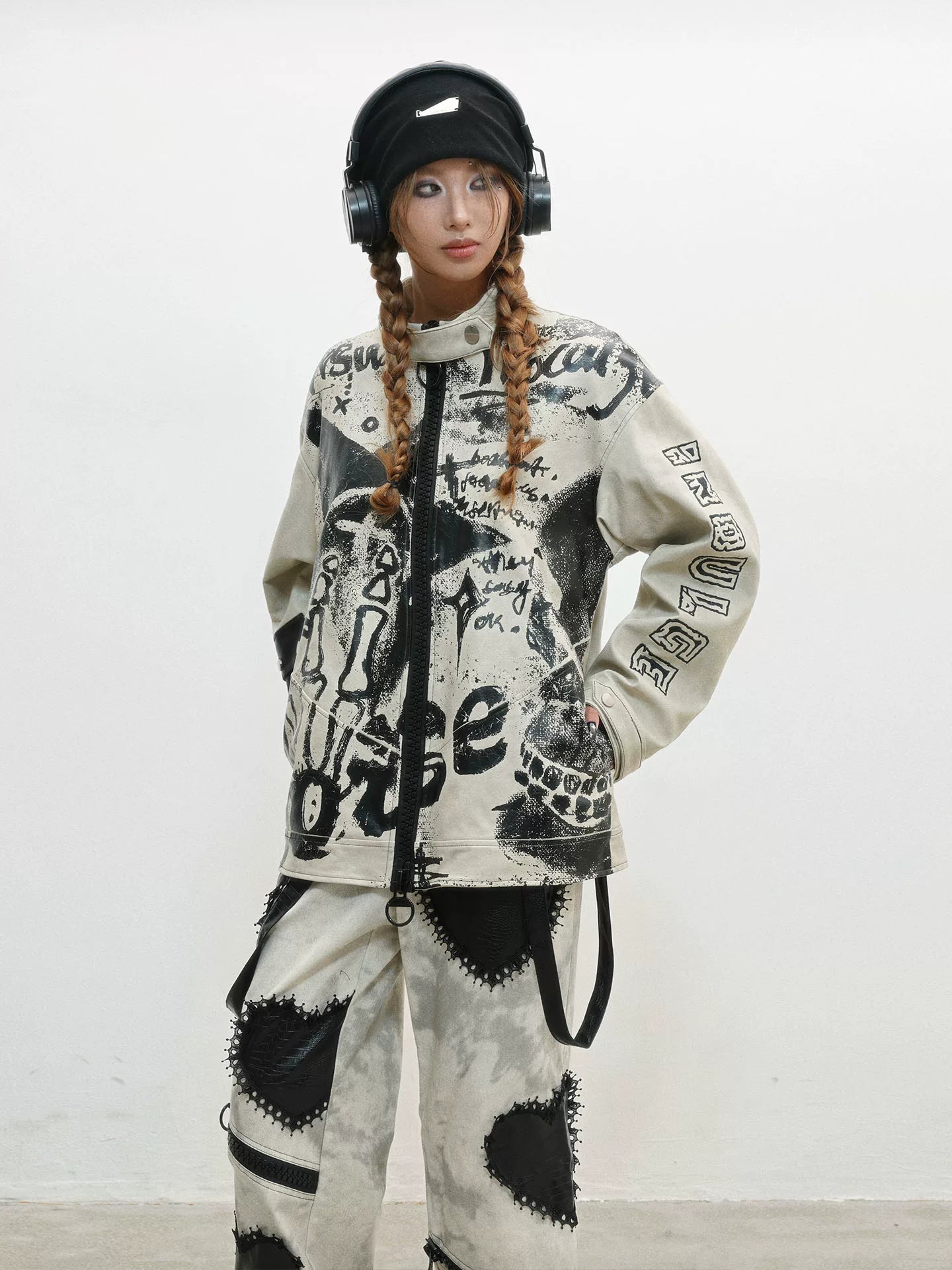Damage Print Thick PU Leather Jacket
