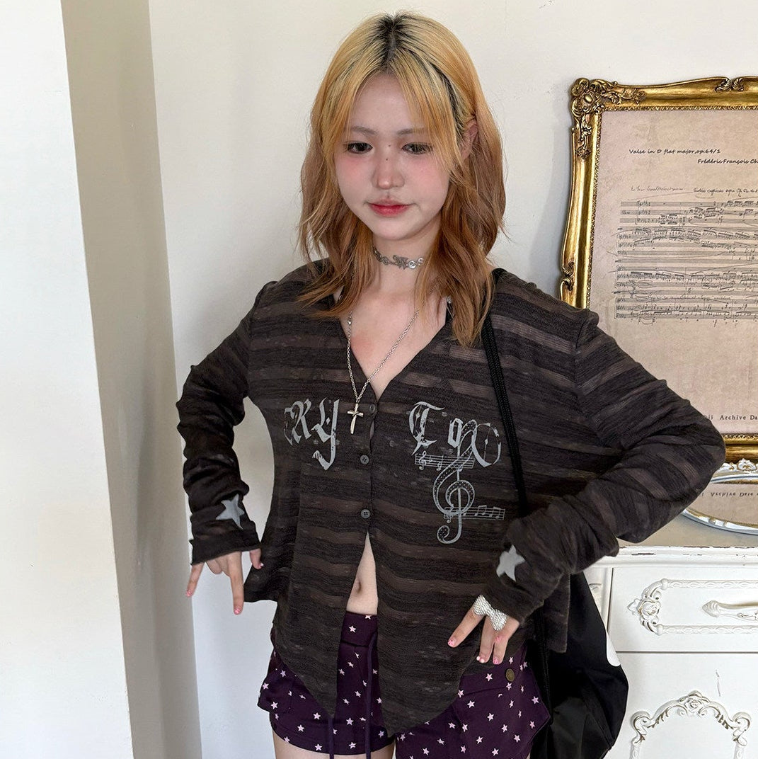 Striped Note Print Star Print Cardigan