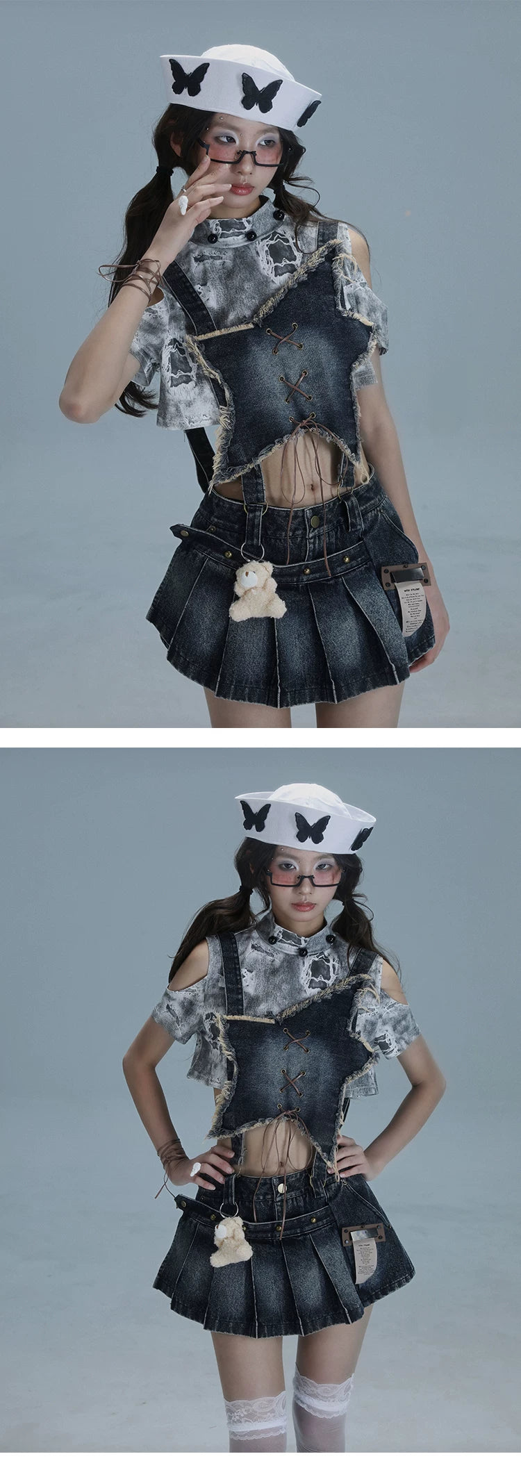 Detachable Washed Suspender Denim Short Skirt & Inner Shirts Set