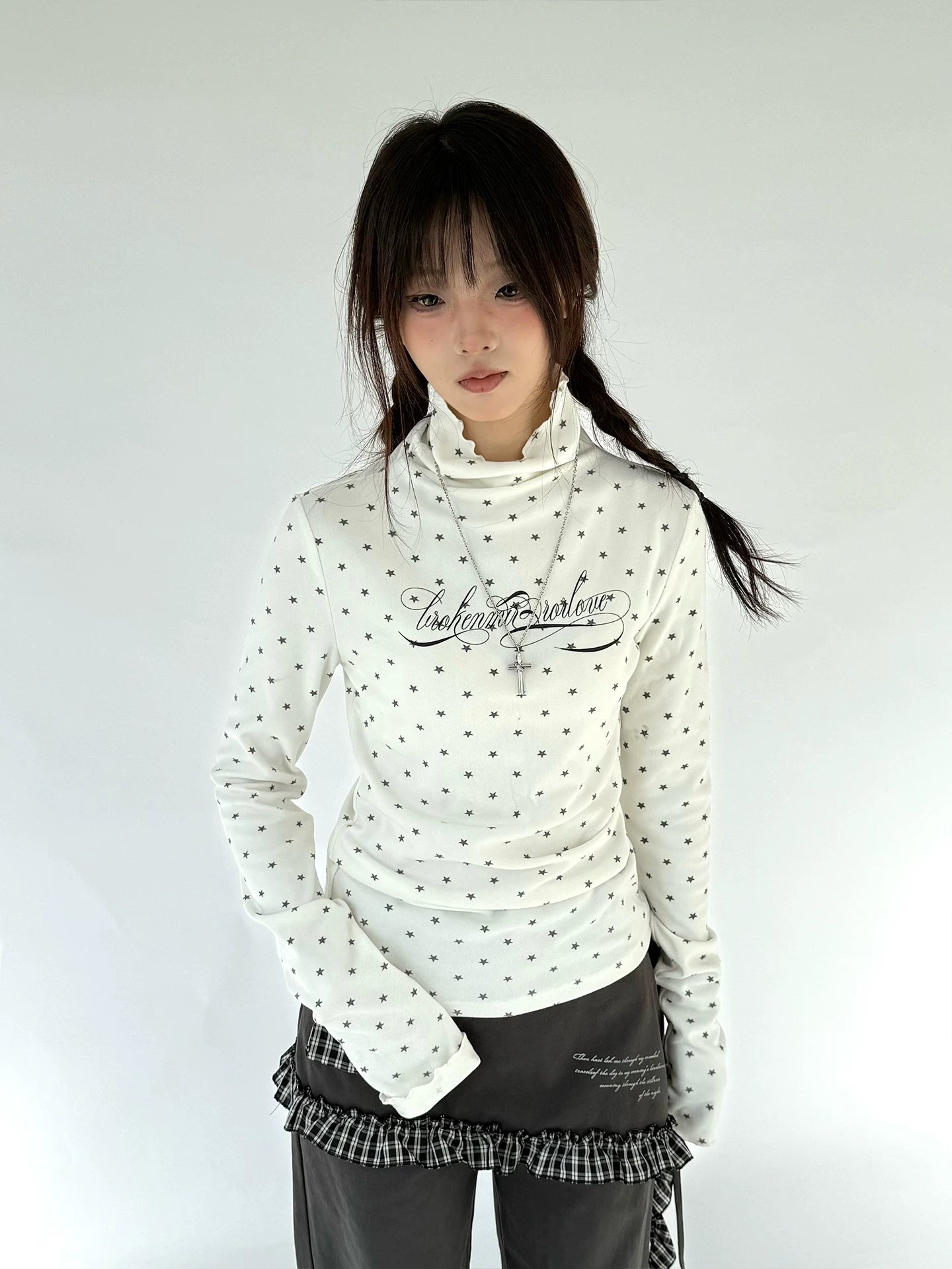 Polka Dot Print High-Neck Long Sleeve T-Shirt