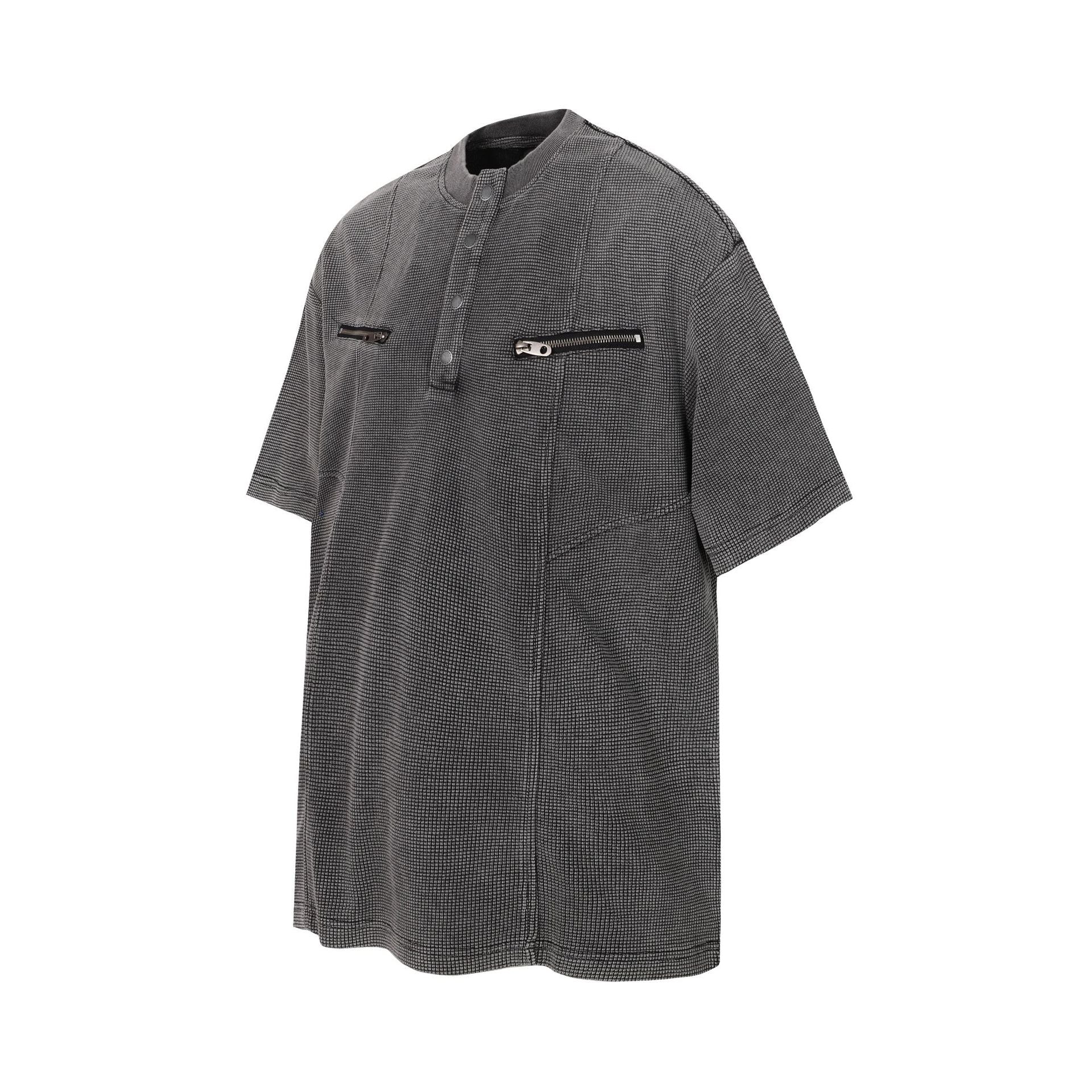 Half-Open Collar Check Wash Damage Short Sleeve T-Shirt