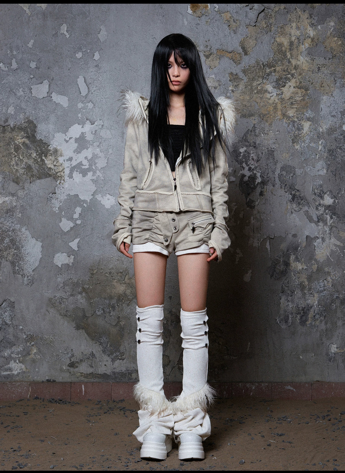 Fake Fur Collar Distressed Short Jacket