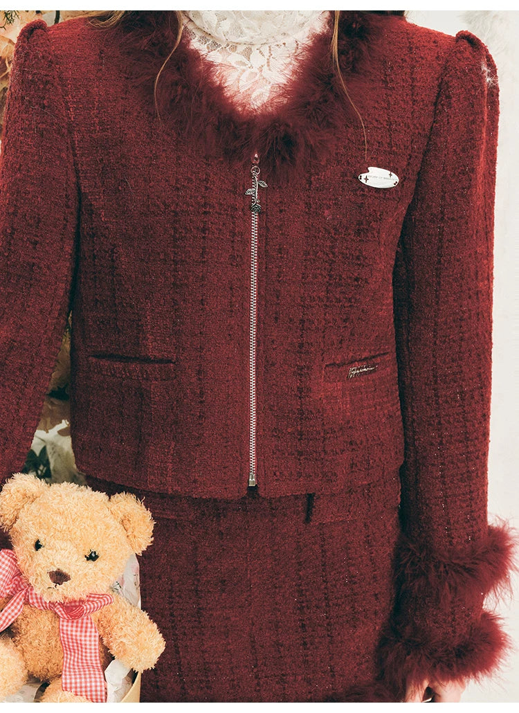 Fur Jacquard Zipper Jacket & Short Skirt Setup